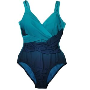 NWOT Lands' End SlenderSuit Tummy Control Teal Ombre One Piece Swimsuit - Sz 8